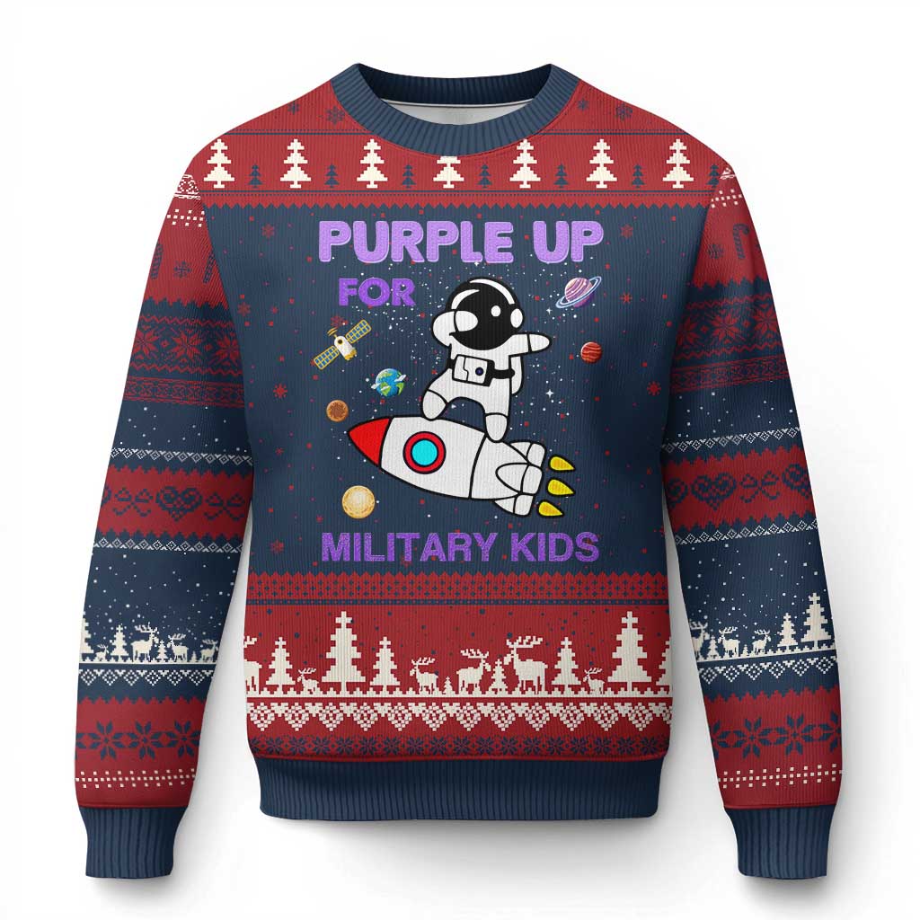 Purple Up For Military Kids Ugly Christmas Sweater Military Child Month Astronaut Outer Space TS02 Navy Red Print Your Wear