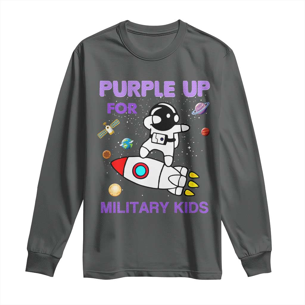 Purple Up For Military Kids Long Sleeve Shirt Military Child Month Astronaut Outer Space TS02 Dark Heather Print Your Wear