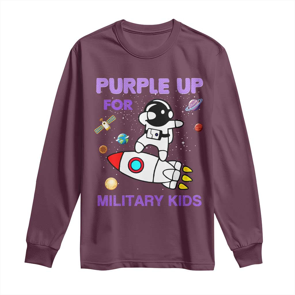 Purple Up For Military Kids Long Sleeve Shirt Military Child Month Astronaut Outer Space TS02 Maroon Print Your Wear