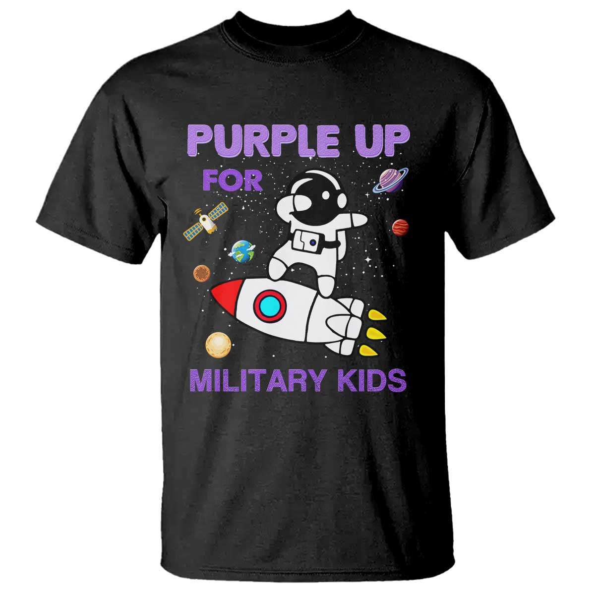 Purple Up For Military Kids T Shirt Military Child Month Astronaut Outer Space TS02 Black Print Your Wear