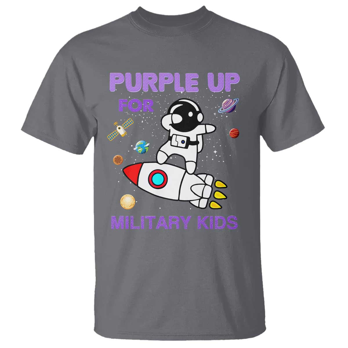 Purple Up For Military Kids T Shirt Military Child Month Astronaut Outer Space TS02 Charcoal Print Your Wear