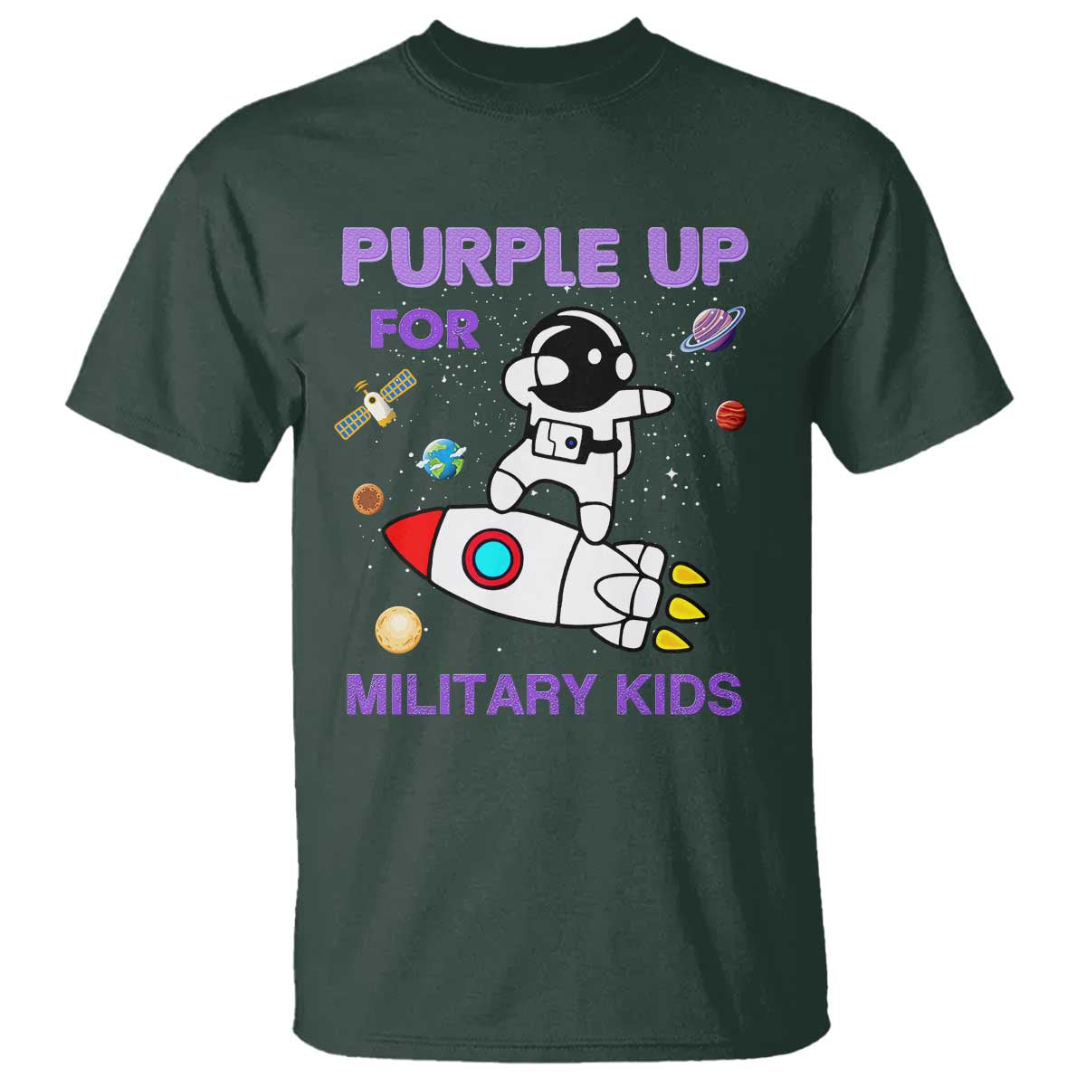 Purple Up For Military Kids T Shirt Military Child Month Astronaut Outer Space TS02 Dark Forest Green Print Your Wear