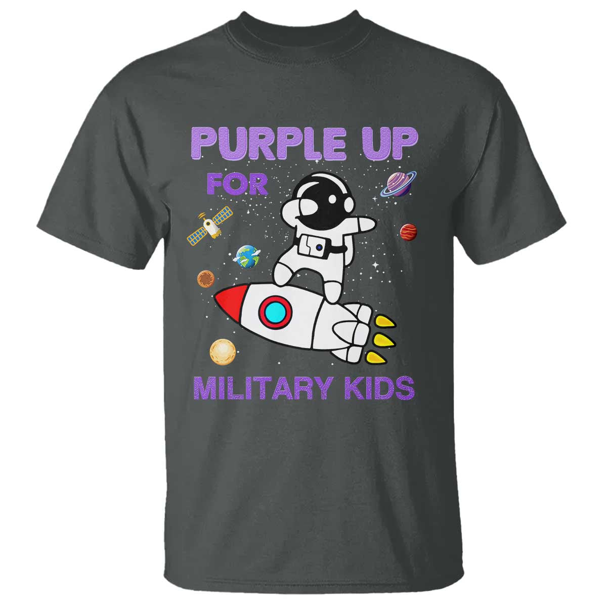 Purple Up For Military Kids T Shirt Military Child Month Astronaut Outer Space TS02 Dark Heather Print Your Wear