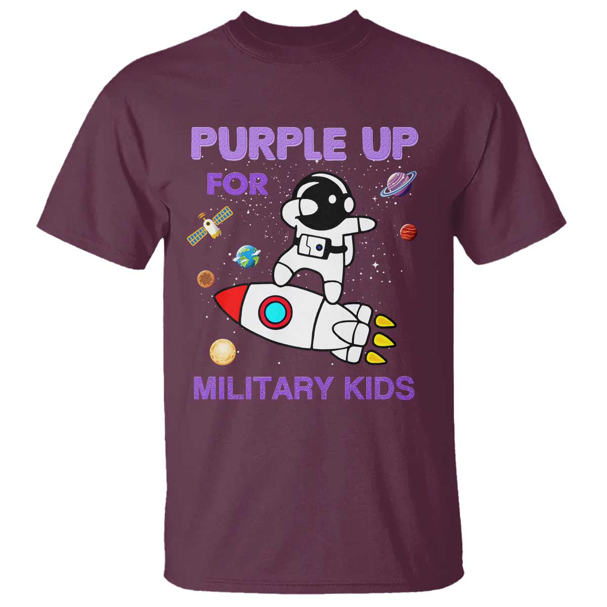 Purple Up For Military Kids T Shirt Military Child Month Astronaut Outer Space TS02 Maroon Print Your Wear