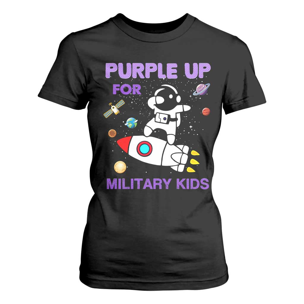 Purple Up For Military Kids T Shirt For Women Military Child Month Astronaut Outer Space TS02 Black Print Your Wear