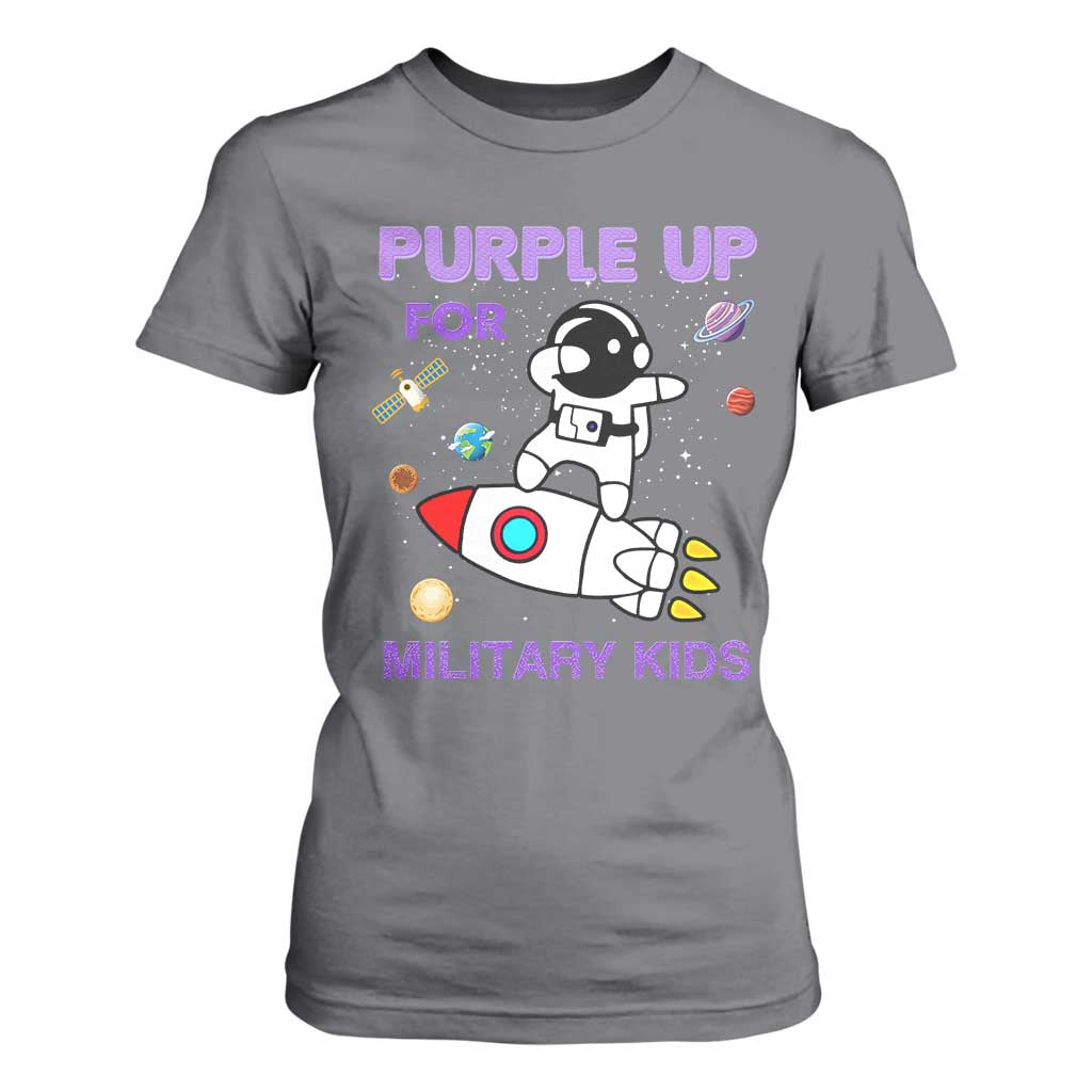 Purple Up For Military Kids T Shirt For Women Military Child Month Astronaut Outer Space TS02 Charcoal Print Your Wear