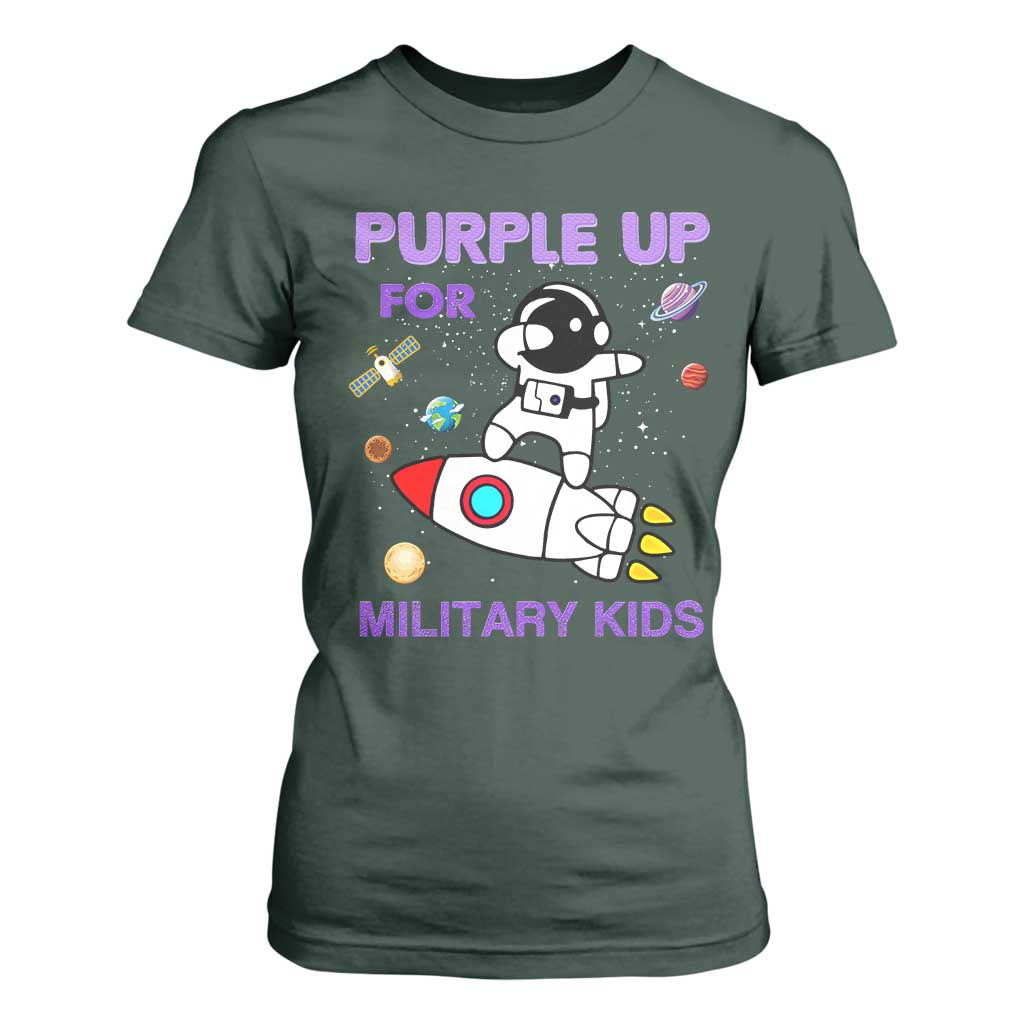 Purple Up For Military Kids T Shirt For Women Military Child Month Astronaut Outer Space TS02 Dark Forest Green Print Your Wear