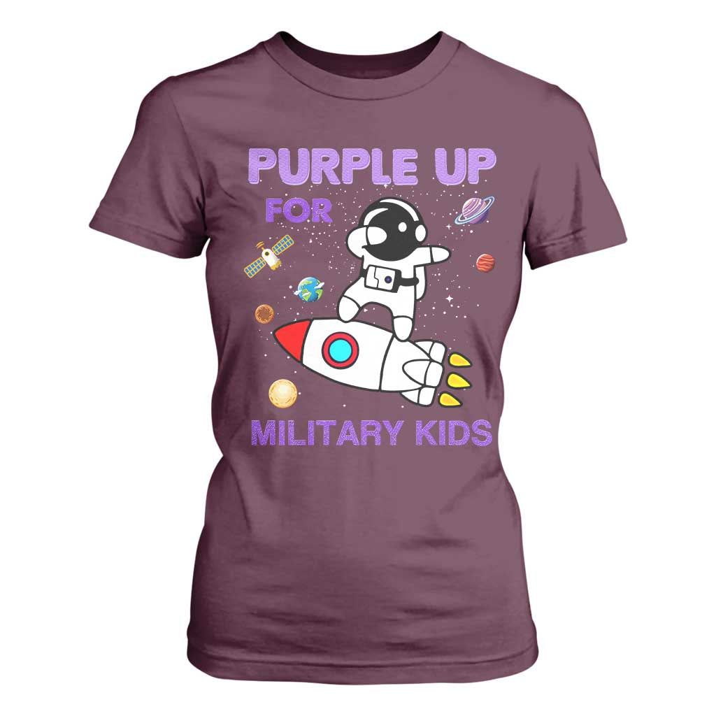 Purple Up For Military Kids T Shirt For Women Military Child Month Astronaut Outer Space TS02 Maroon Print Your Wear