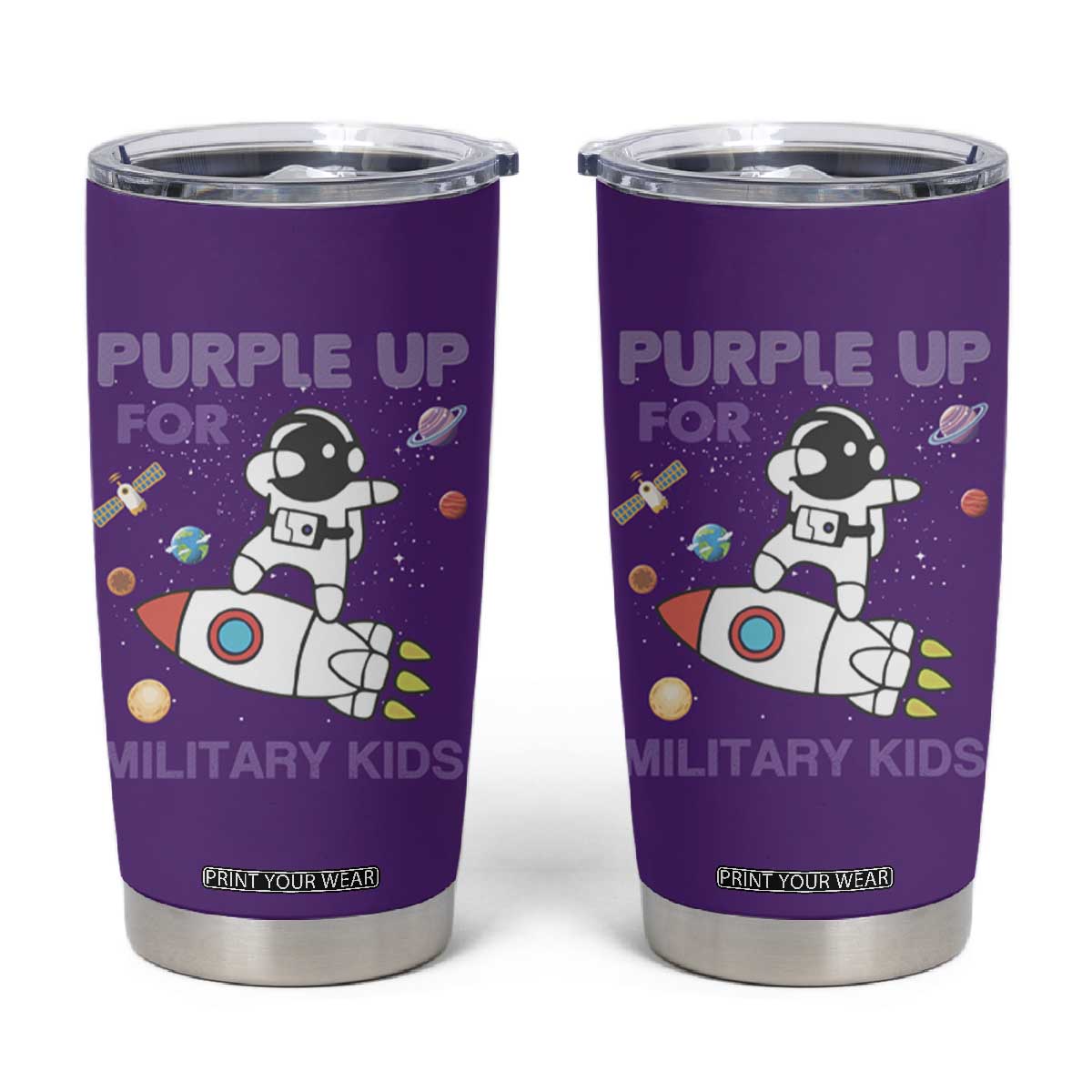 Purple Up For Military Kids Tumbler Cup Military Child Month Astronaut Outer Space TS02 Purple Print Your Wear