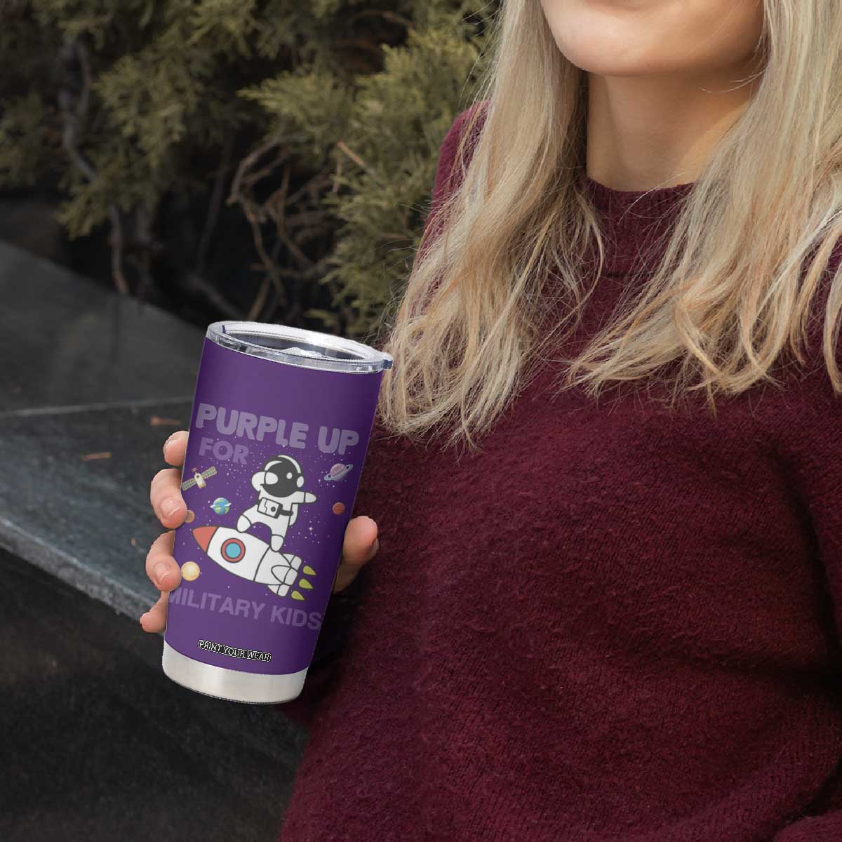 Purple Up For Military Kids Tumbler Cup Military Child Month Astronaut Outer Space TS02 Print Your Wear