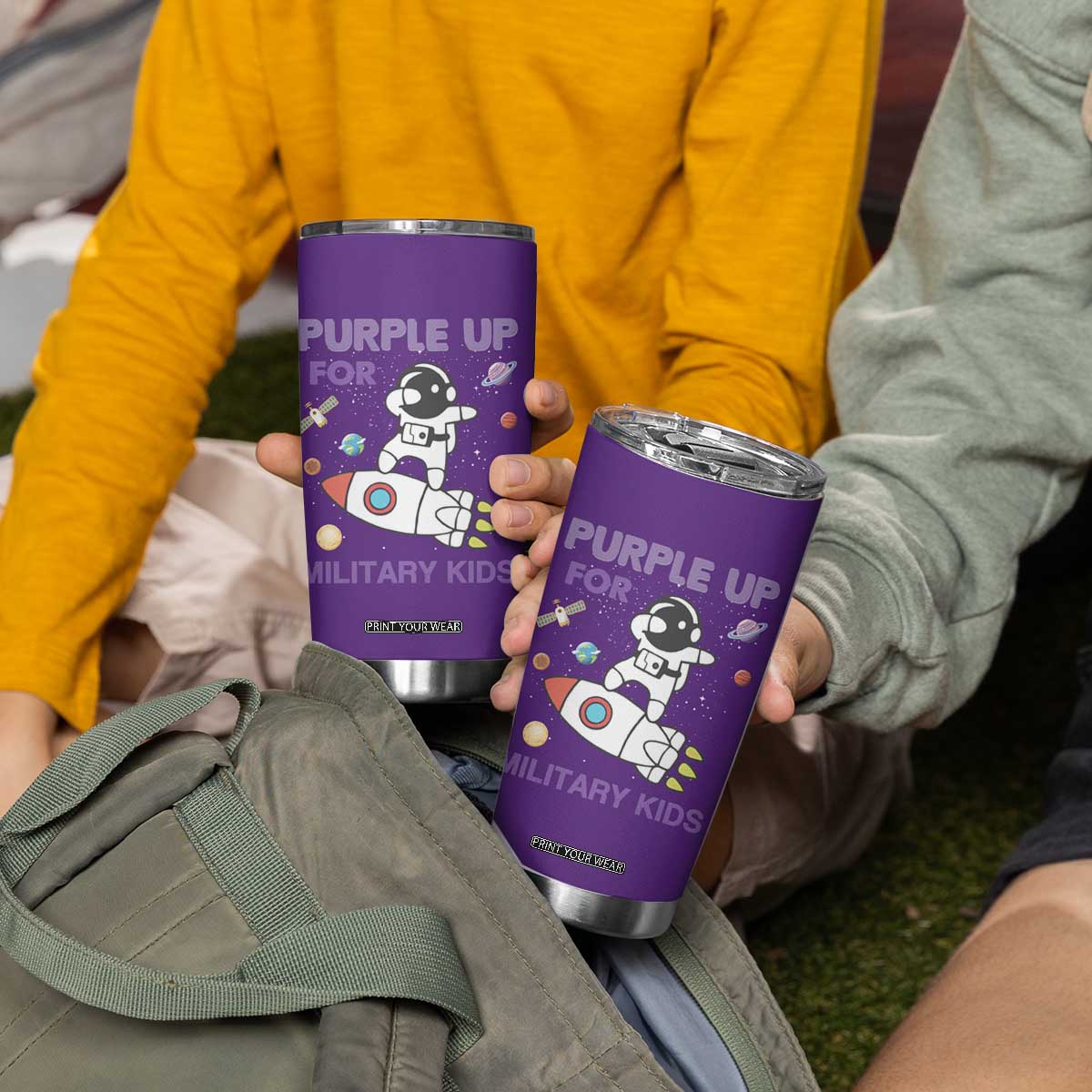 Purple Up For Military Kids Tumbler Cup Military Child Month Astronaut Outer Space TS02 Print Your Wear