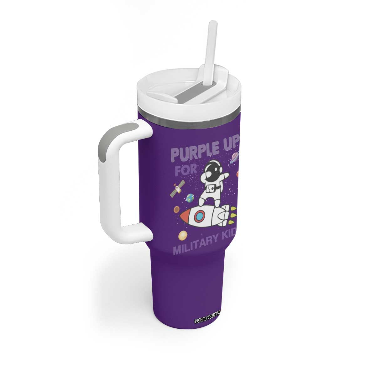 Purple Up For Military Kids Tumbler With Handle Military Child Month Astronaut Outer Space TS02 Print Your Wear