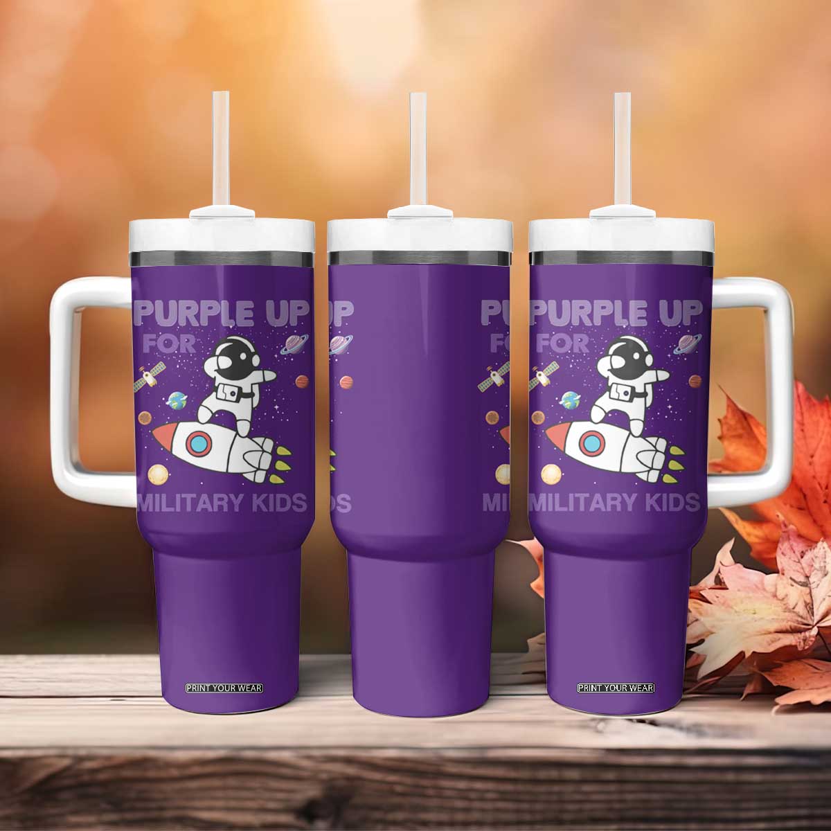 Purple Up For Military Kids Tumbler With Handle Military Child Month Astronaut Outer Space TS02 Print Your Wear