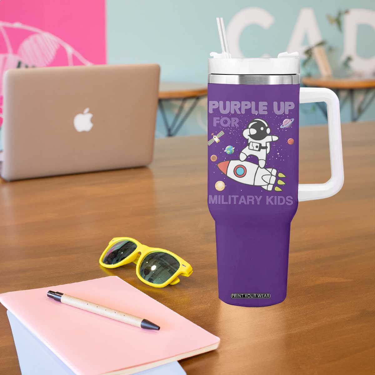 Purple Up For Military Kids Tumbler With Handle Military Child Month Astronaut Outer Space TS02 Print Your Wear