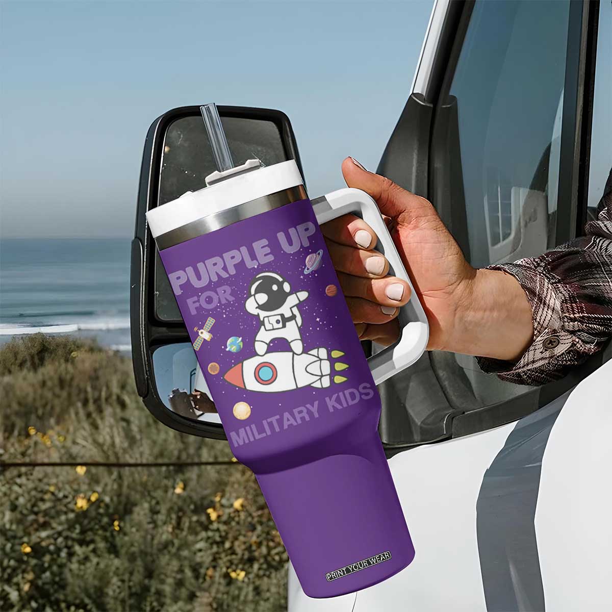 Purple Up For Military Kids Tumbler With Handle Military Child Month Astronaut Outer Space TS02 Print Your Wear