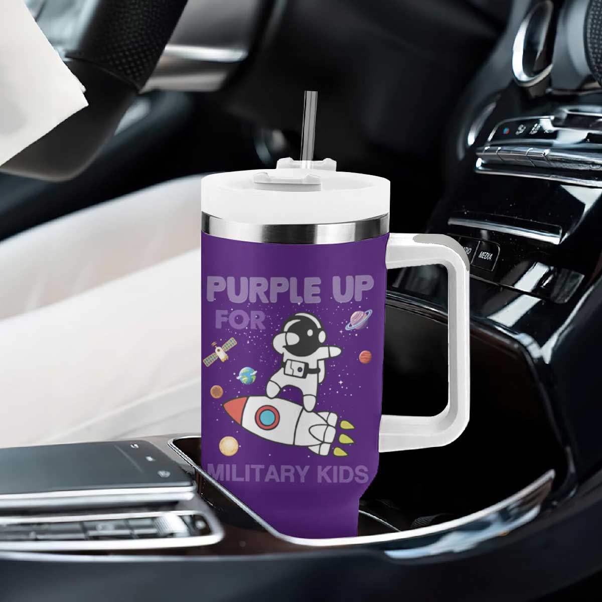 Purple Up For Military Kids Tumbler With Handle Military Child Month Astronaut Outer Space TS02 Print Your Wear