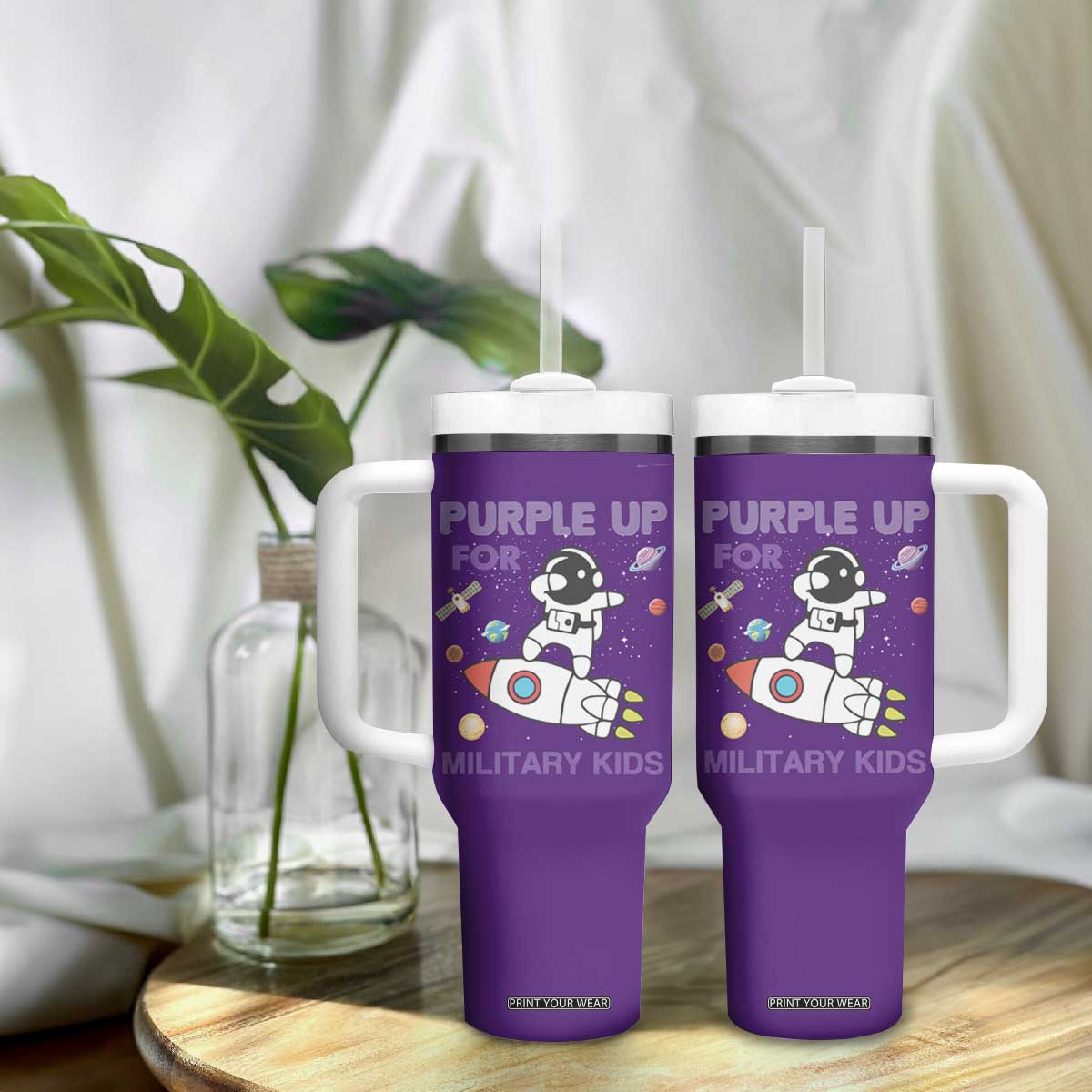 Purple Up For Military Kids Tumbler With Handle Military Child Month Astronaut Outer Space TS02 Print Your Wear
