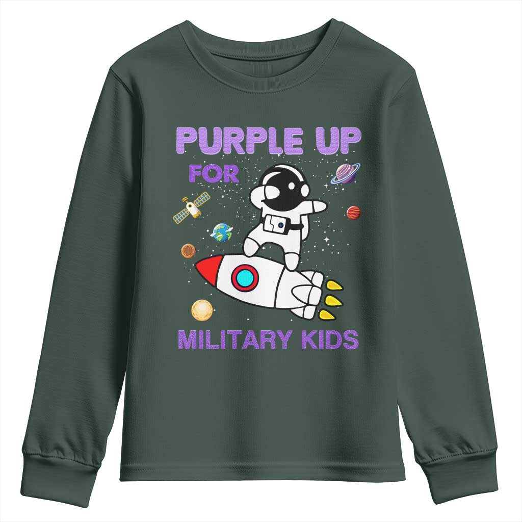 Purple Up For Military Kids Youth Sweatshirt Military Child Month Astronaut Outer Space TS02 Dark Forest Green Print Your Wear