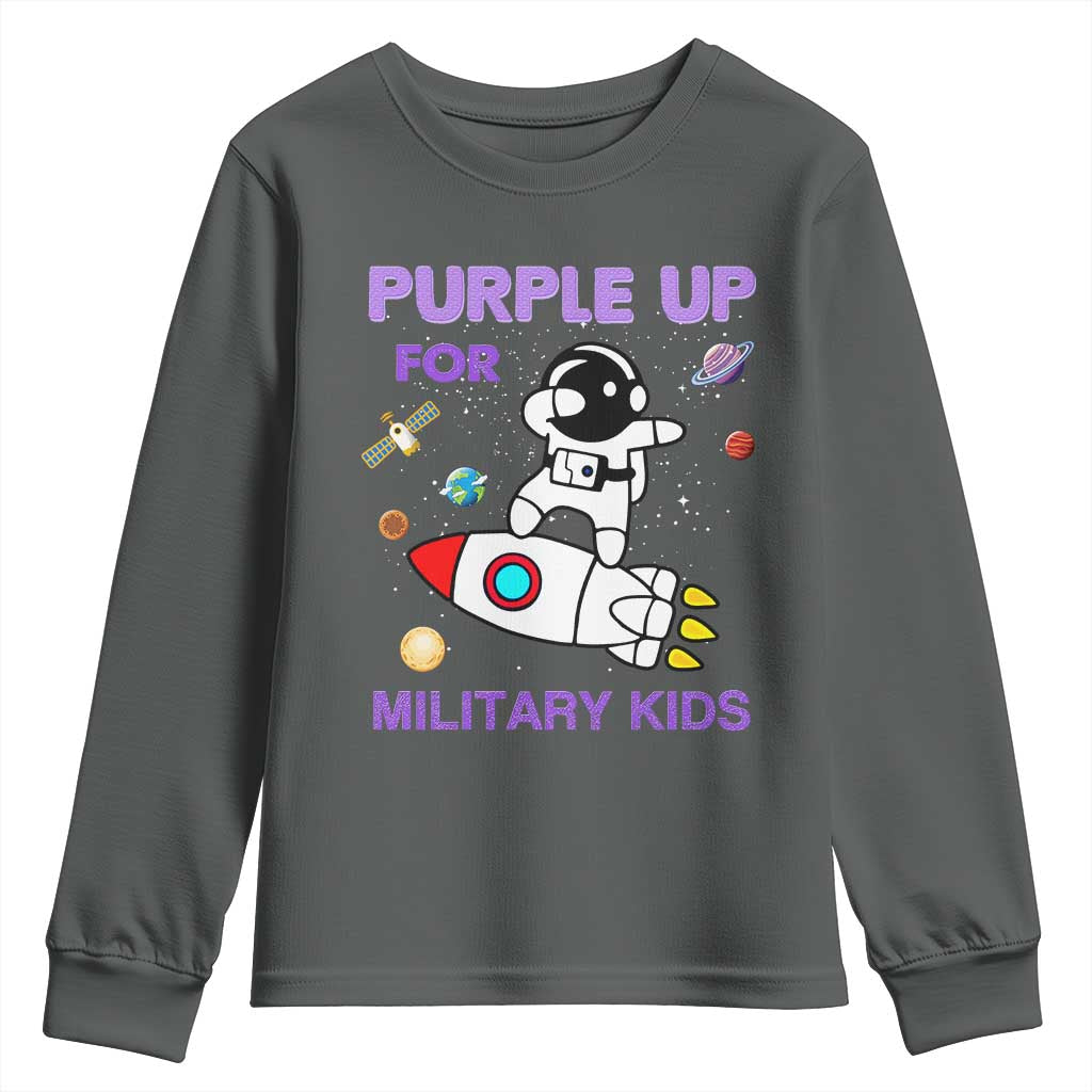 Purple Up For Military Kids Youth Sweatshirt Military Child Month Astronaut Outer Space TS02 Dark Heather Print Your Wear