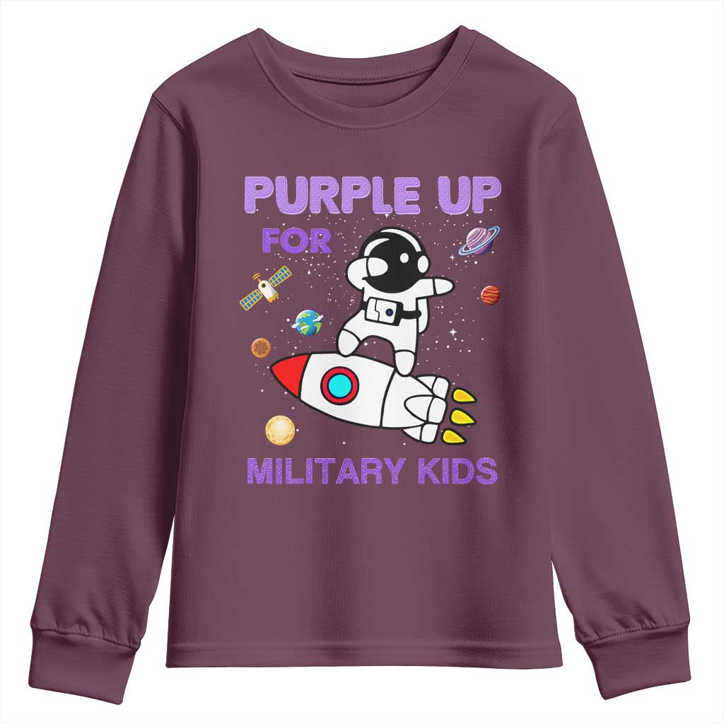 Purple Up For Military Kids Youth Sweatshirt Military Child Month Astronaut Outer Space TS02 Maroon Print Your Wear