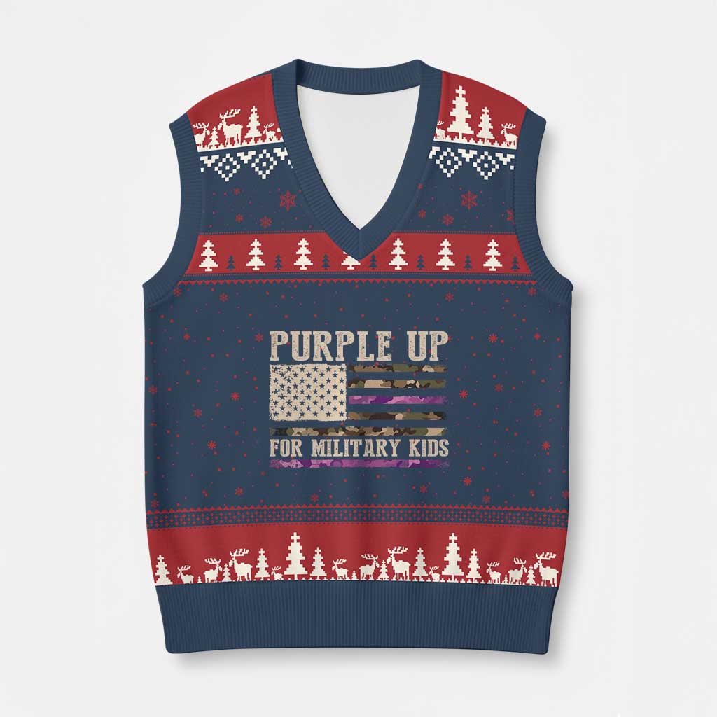 Purple Up For Military Kids V-Neck Knit Sweater Vest Military Child Month USA Flag Camouflage TS02 Navy Red Print Your Wear