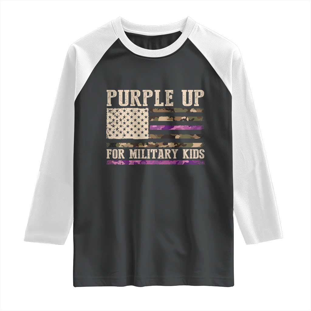 Purple Up For Military Kids Raglan Shirt Military Child Month USA Flag Camouflage TS02 Black White Print Your Wear