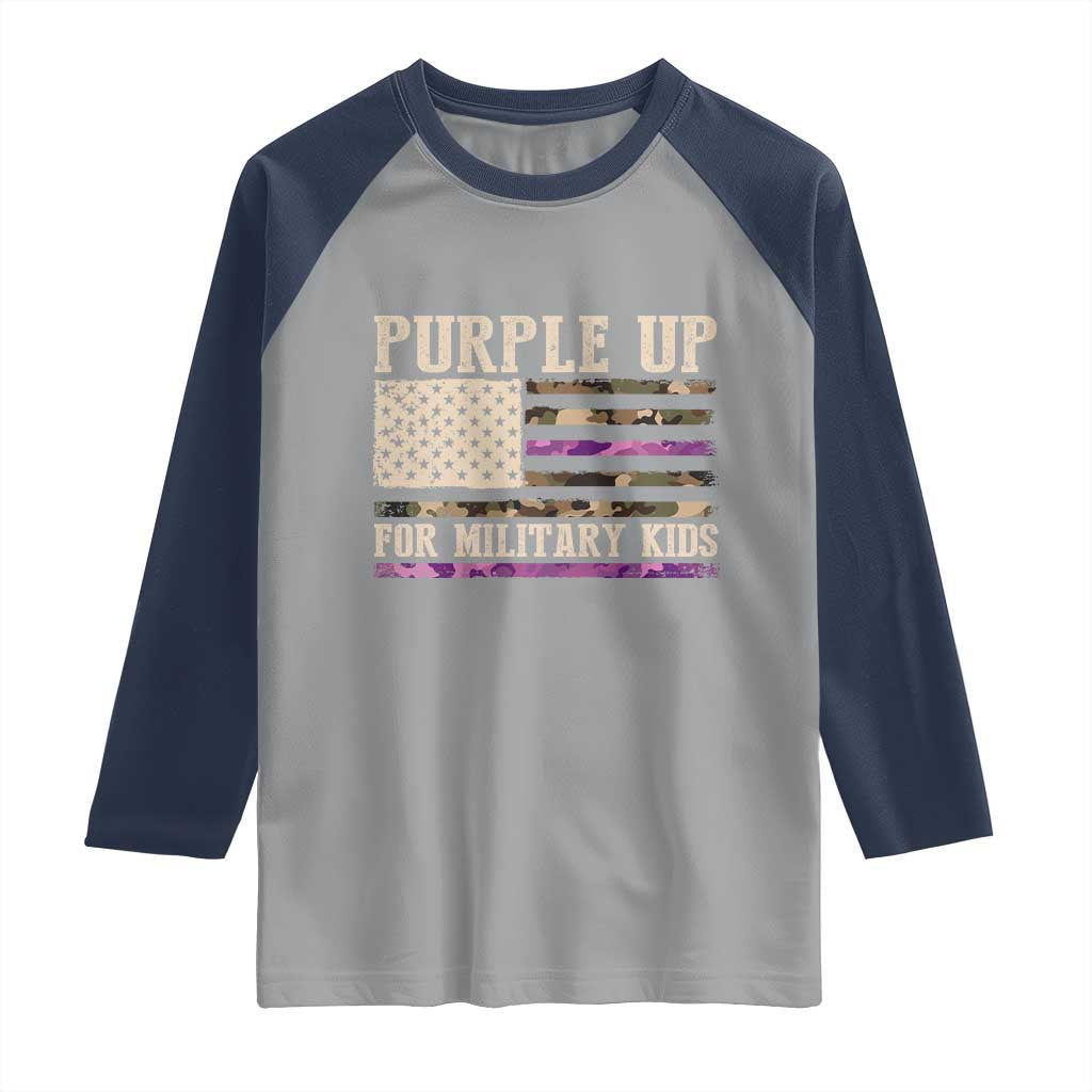 Purple Up For Military Kids Raglan Shirt Military Child Month USA Flag Camouflage TS02 Sport Gray Navy Print Your Wear