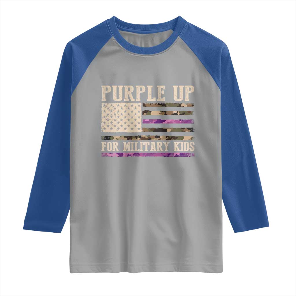 Purple Up For Military Kids Raglan Shirt Military Child Month USA Flag Camouflage TS02 Sport Gray Royal Print Your Wear