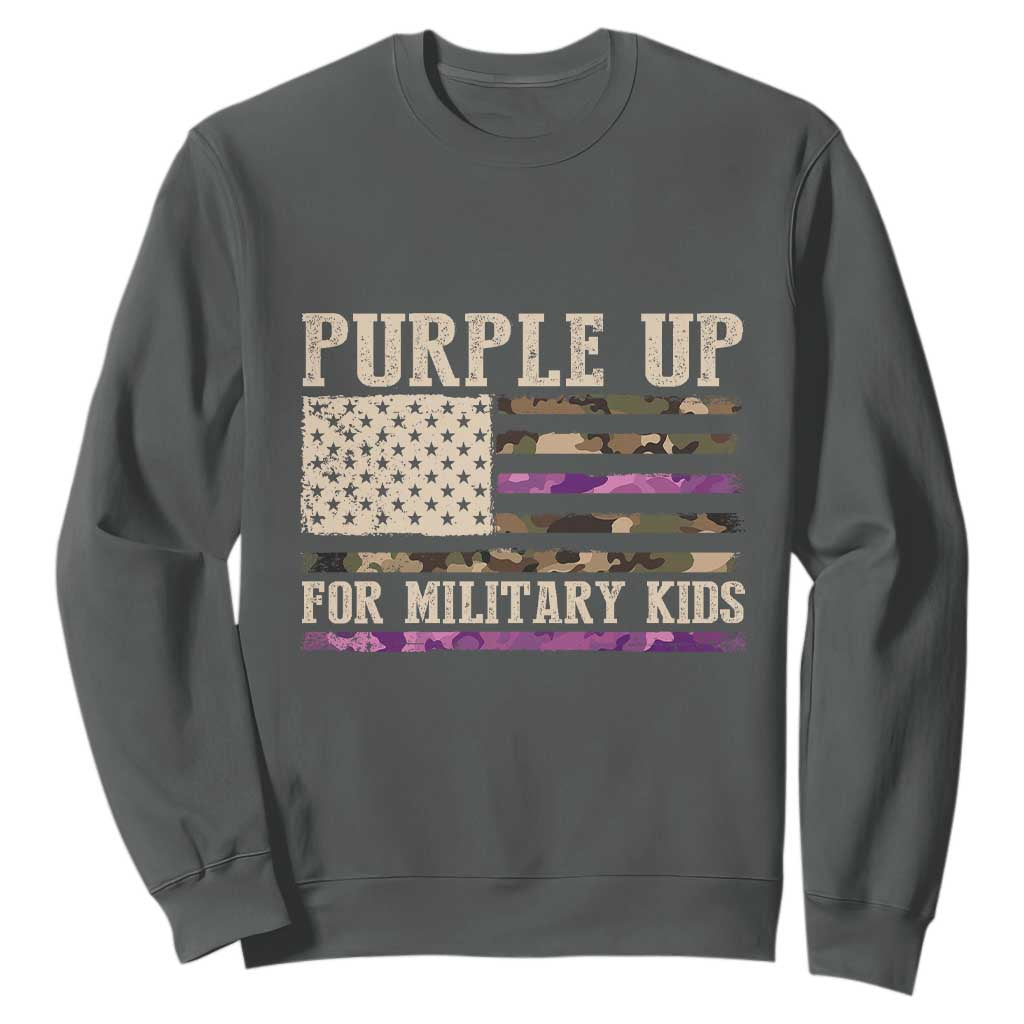 Purple Up For Military Kids Sweatshirt Military Child Month USA Flag Camouflage TS02 Dark Heather Print Your Wear