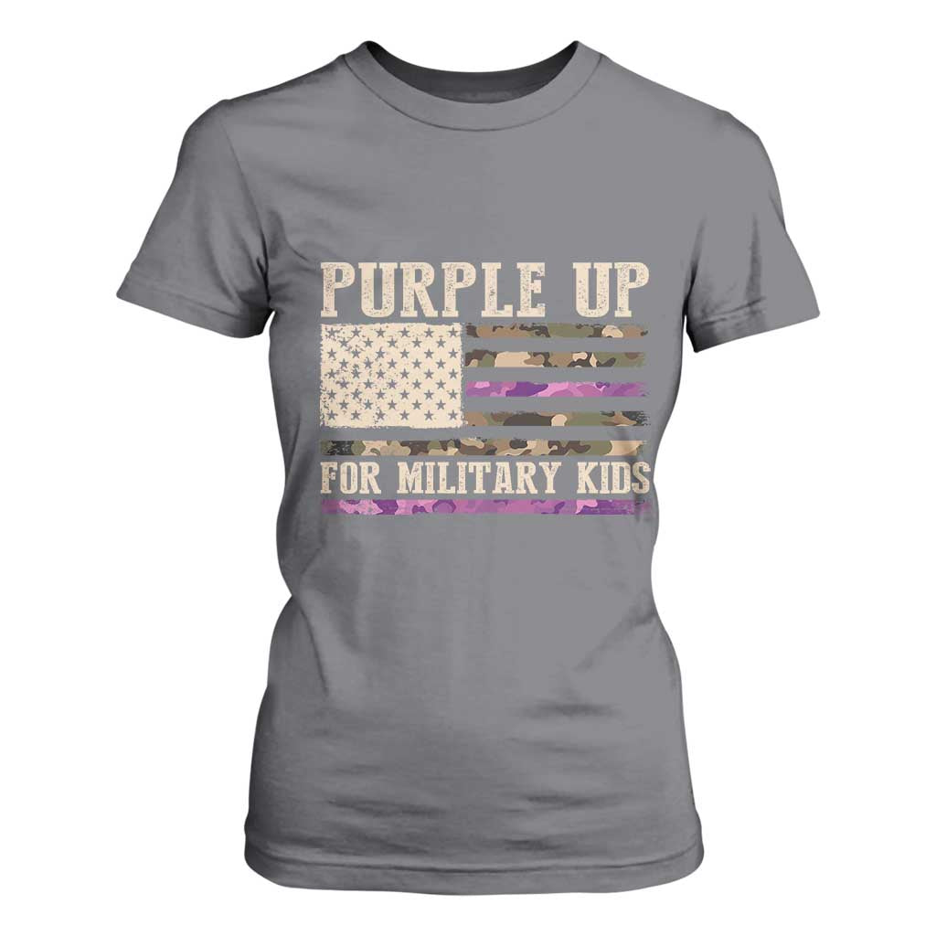 Purple Up For Military Kids T Shirt For Women Military Child Month USA Flag Camouflage TS02 Charcoal Print Your Wear