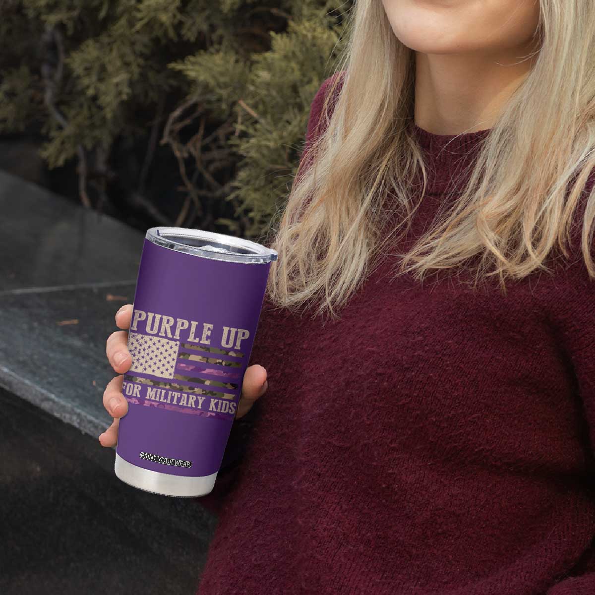 Purple Up For Military Kids Tumbler Cup Military Child Month USA Flag Camouflage TS02 Print Your Wear