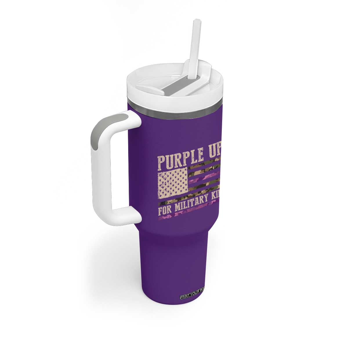 Purple Up For Military Kids Tumbler With Handle Military Child Month USA Flag Camouflage TS02 Print Your Wear