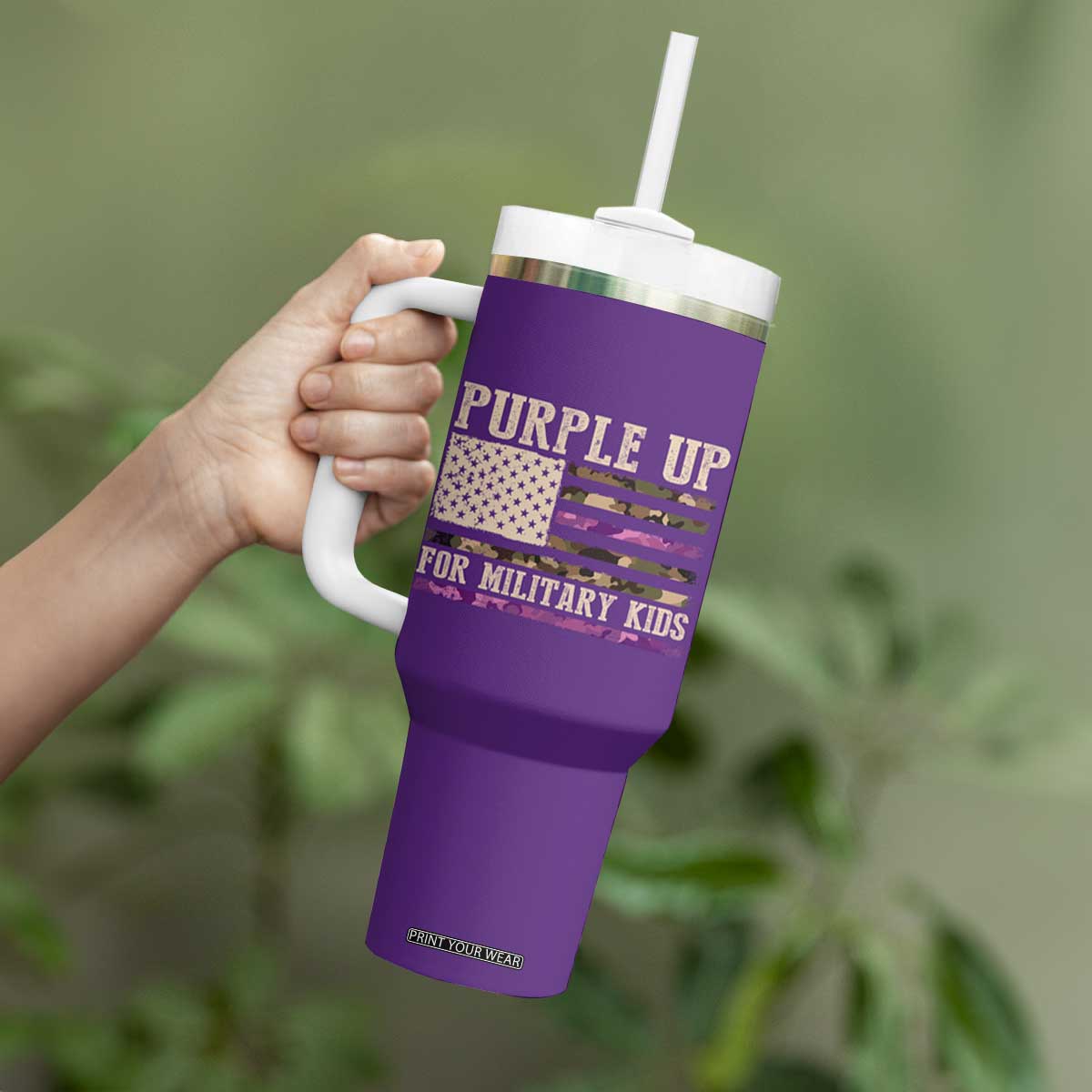 Purple Up For Military Kids Tumbler With Handle Military Child Month USA Flag Camouflage TS02 Print Your Wear