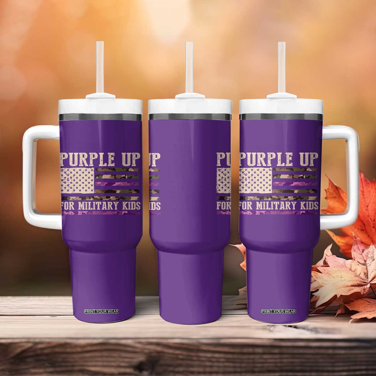 Purple Up For Military Kids Tumbler With Handle Military Child Month USA Flag Camouflage TS02 Print Your Wear
