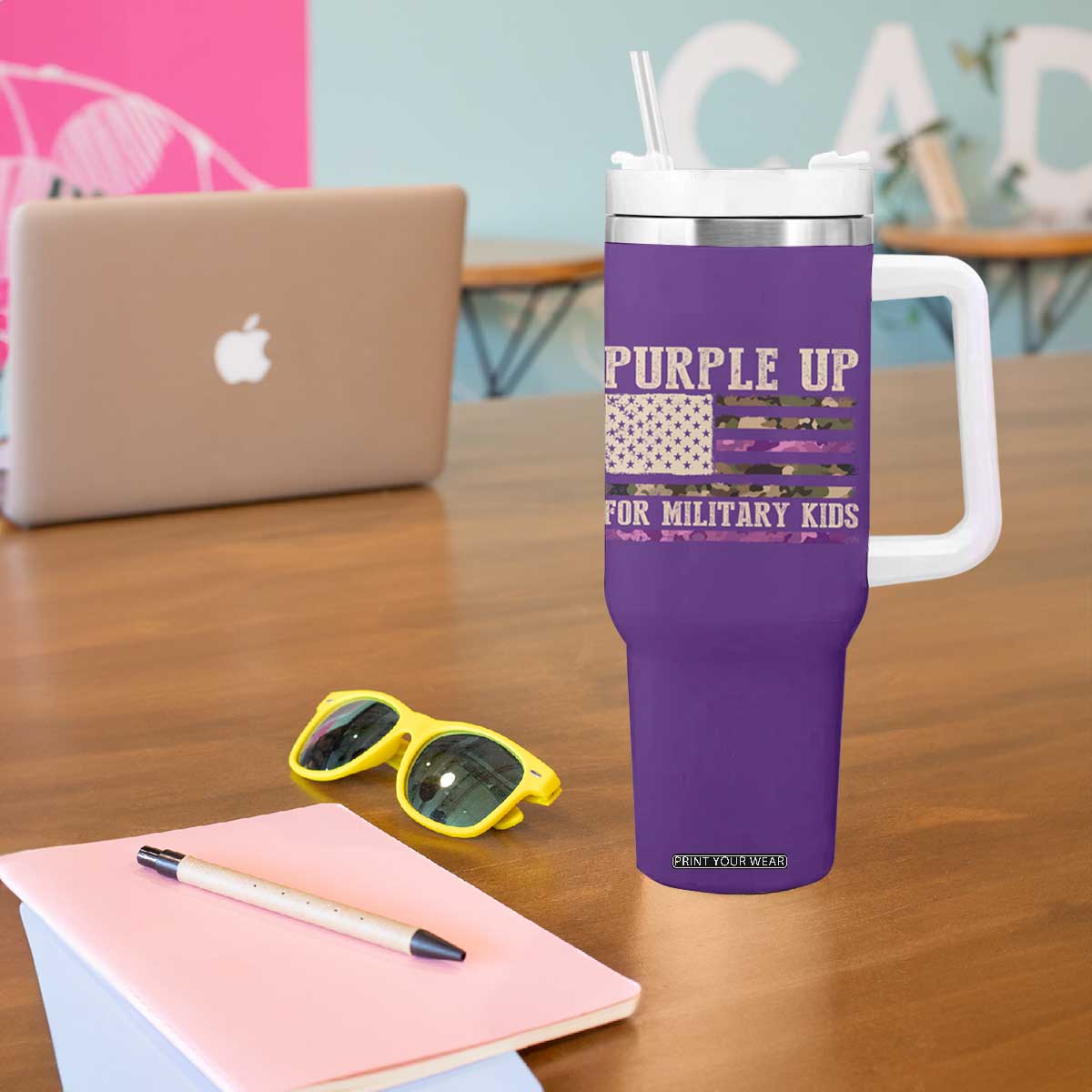 Purple Up For Military Kids Tumbler With Handle Military Child Month USA Flag Camouflage TS02 Print Your Wear