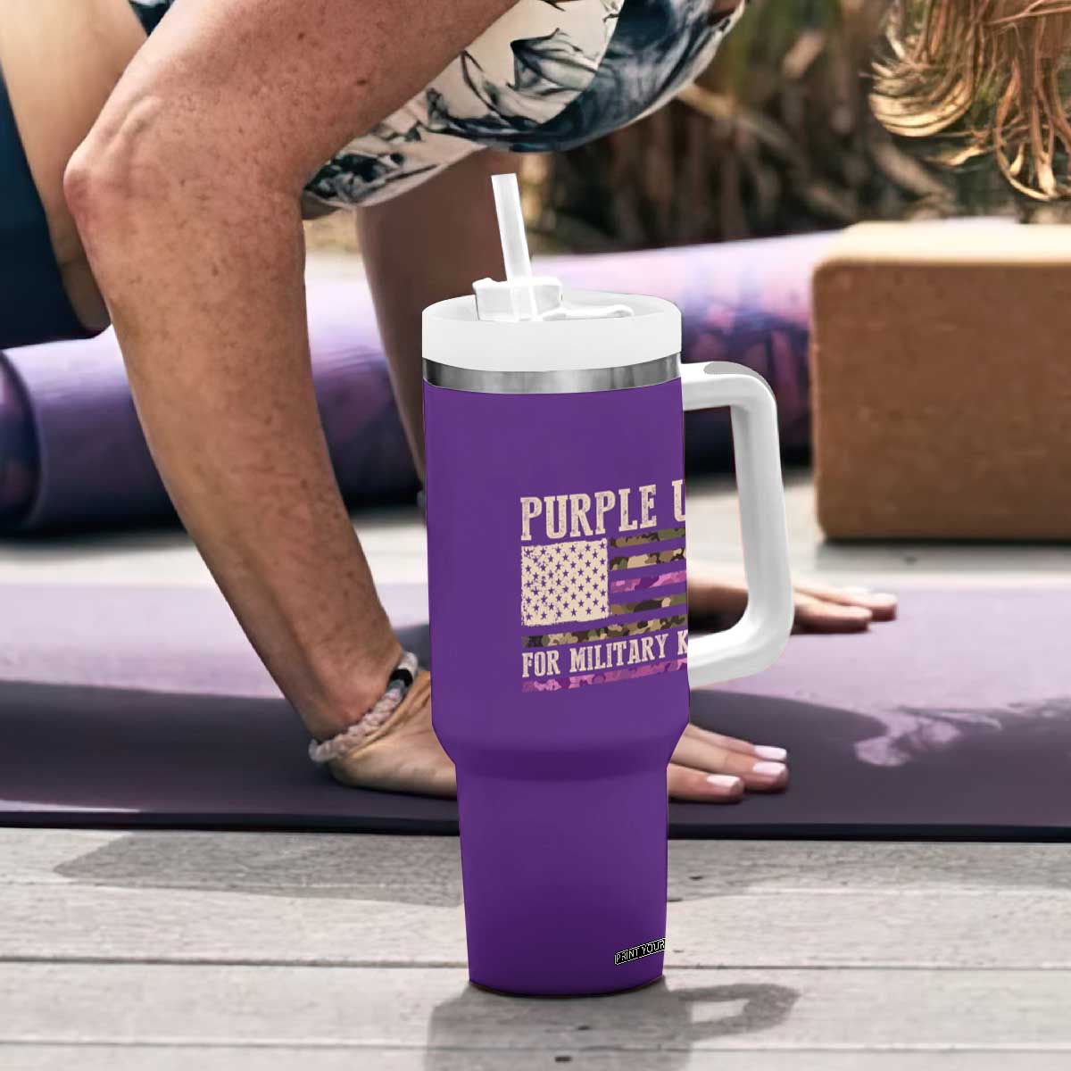 Purple Up For Military Kids Tumbler With Handle Military Child Month USA Flag Camouflage TS02 Print Your Wear