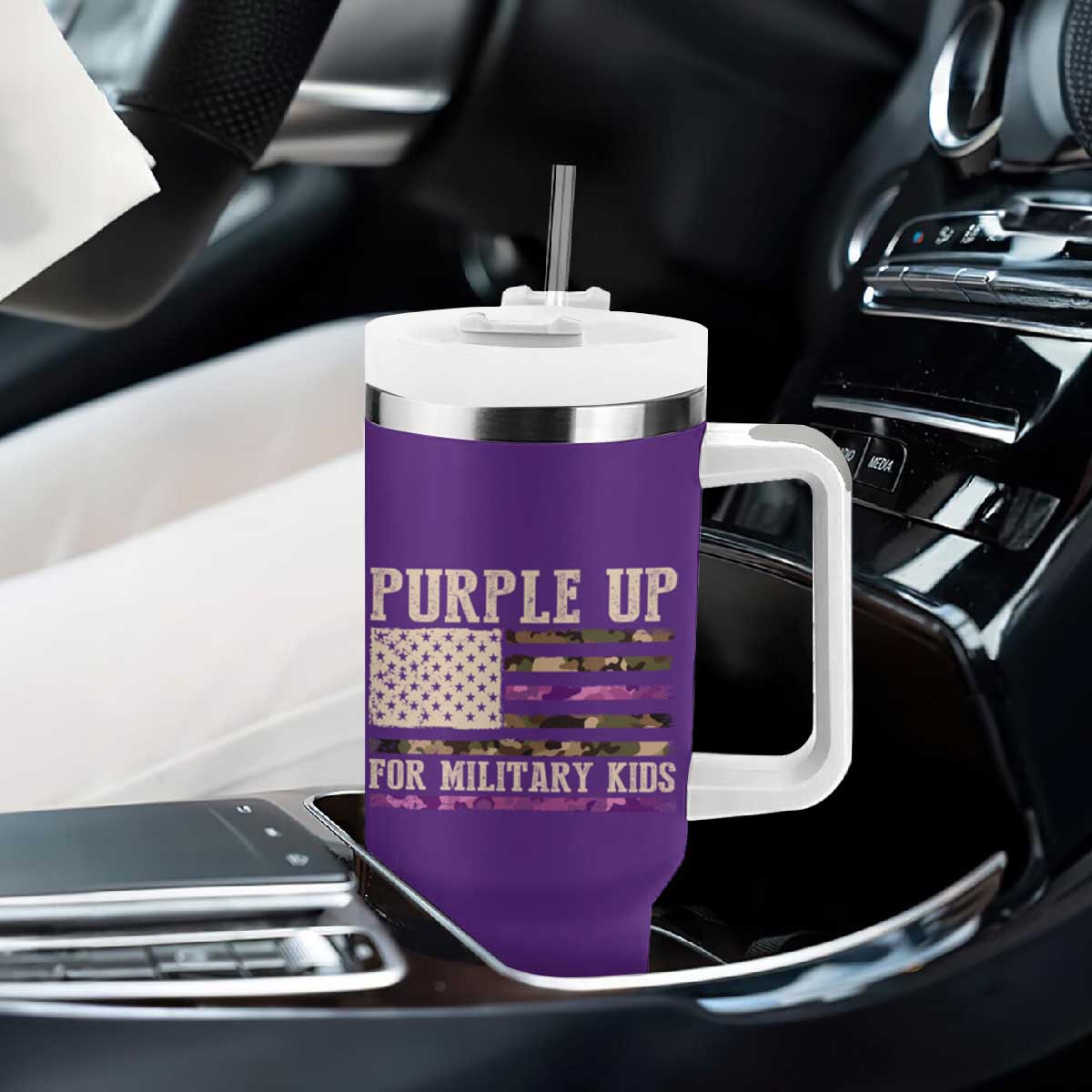 Purple Up For Military Kids Tumbler With Handle Military Child Month USA Flag Camouflage TS02 Print Your Wear