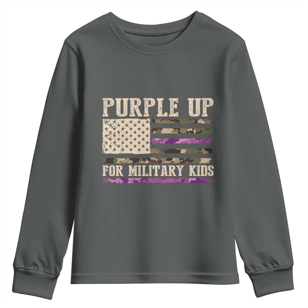Purple Up For Military Kids Youth Sweatshirt Military Child Month USA Flag Camouflage TS02 Dark Heather Print Your Wear