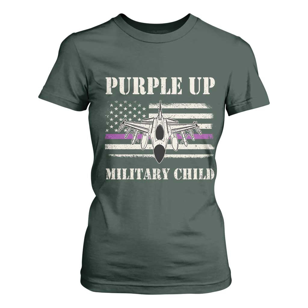 Purple Up For Military Kids T Shirt For Women Month of Military Child Kids Air Force US Flag TS02 Dark Forest Green Print Your Wear