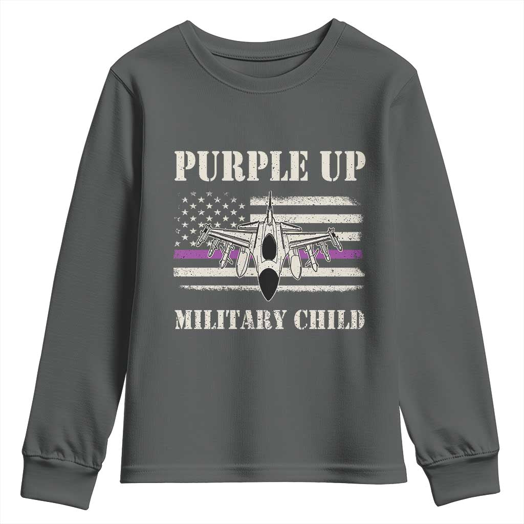 Purple Up For Military Kids Youth Sweatshirt Month of Military Child Kids Air Force US Flag TS02 Dark Heather Print Your Wear