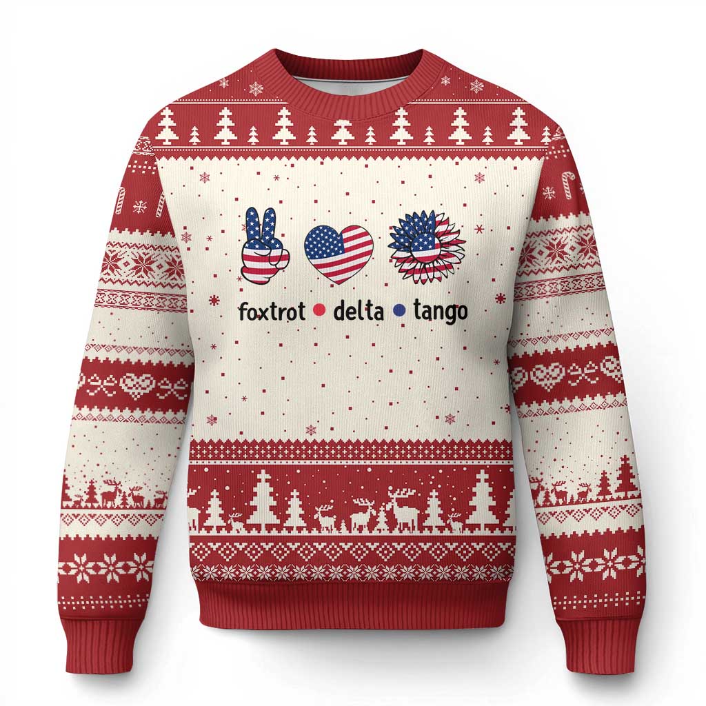 Funny Foxtrots Delta Tangos Ugly Christmas Sweater American Flag Peace Sign Heart Sunflower TS02 Beige Red Print Your Wear
