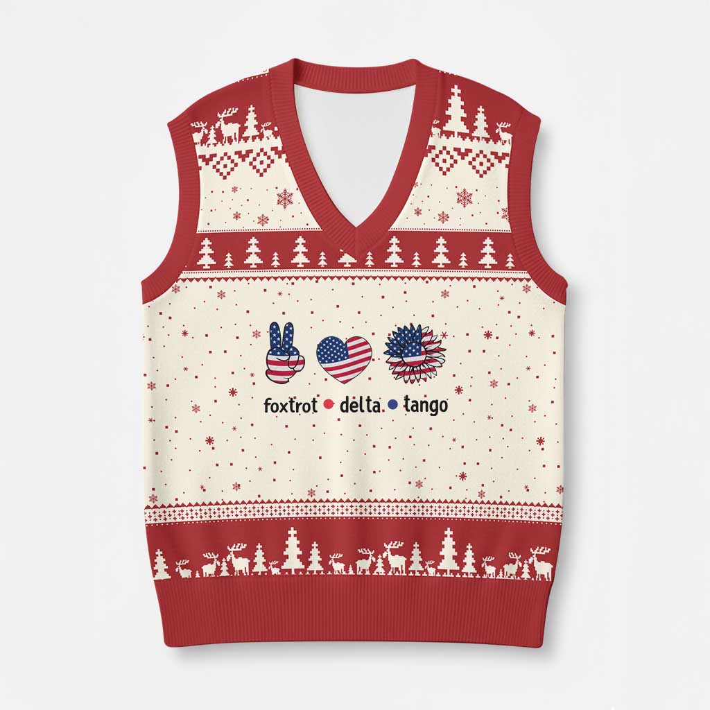 Funny Foxtrots Delta Tangos V-Neck Knit Sweater Vest American Flag Peace Sign Heart Sunflower TS02 Beige Red Print Your Wear