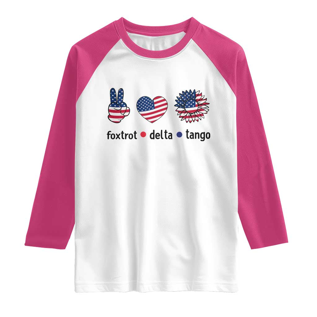 Funny Foxtrots Delta Tangos Raglan Shirt American Flag Peace Sign Heart Sunflower TS02 White Heliconia Print Your Wear