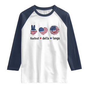 Funny Foxtrots Delta Tangos Raglan Shirt American Flag Peace Sign Heart Sunflower TS02 White Navy Print Your Wear