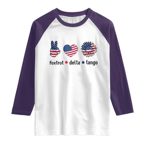 Funny Foxtrots Delta Tangos Raglan Shirt American Flag Peace Sign Heart Sunflower TS02 White Purple Print Your Wear