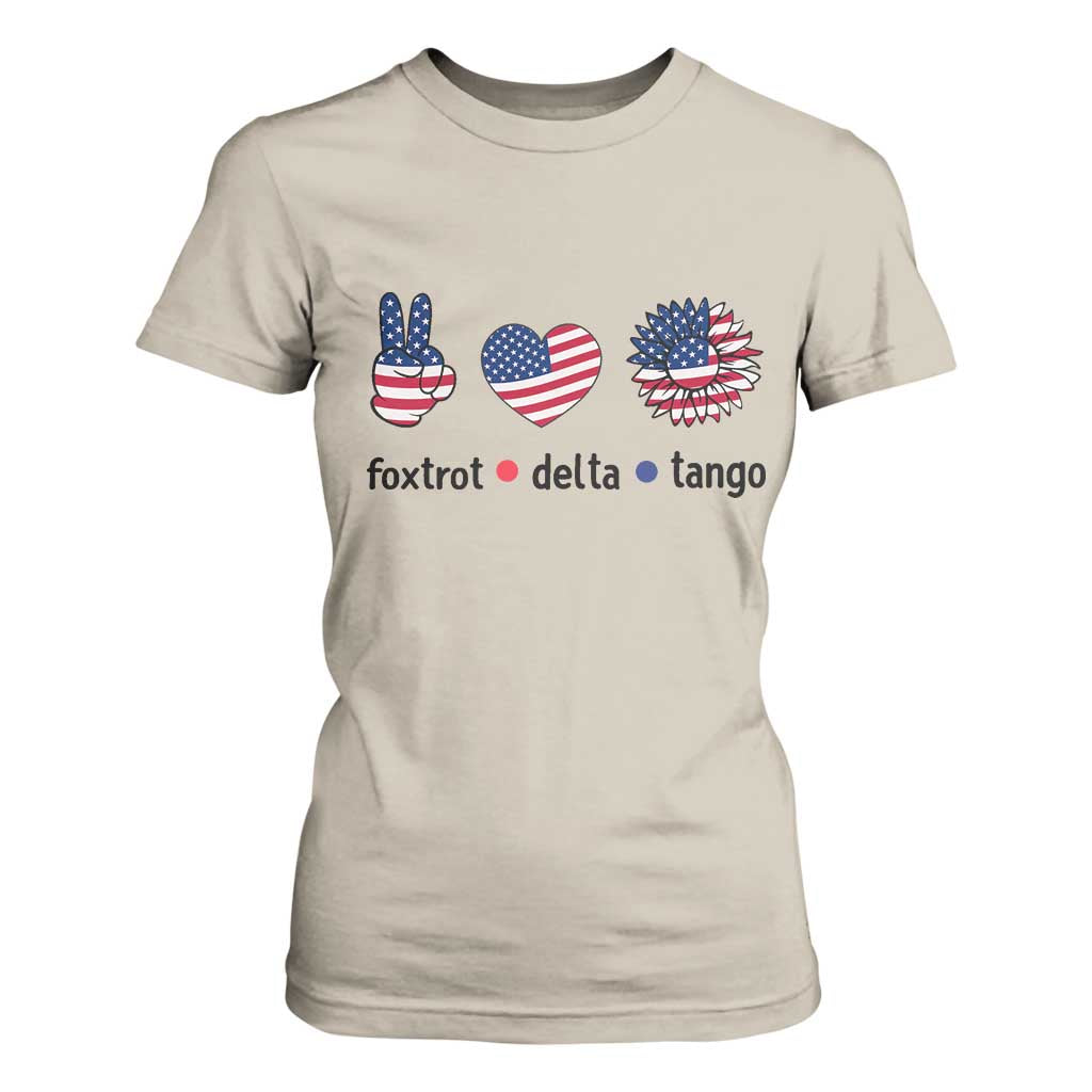 Funny Foxtrots Delta Tangos T Shirt For Women American Flag Peace Sign Heart Sunflower TS02 Sand Print Your Wear