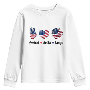 Funny Foxtrots Delta Tangos Youth Sweatshirt American Flag Peace Sign Heart Sunflower TS02 White Print Your Wear