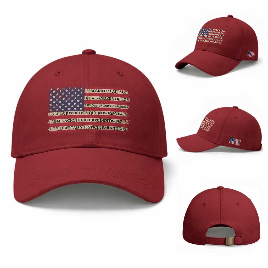 Spanish Pledge of Allegiance USA Flag Vintage Patriotic Graphic Baseball Cap American Patriot Promesa de Lealtad TS02 Baseball Cap Universal Fit Cherry Red Print Your Wear