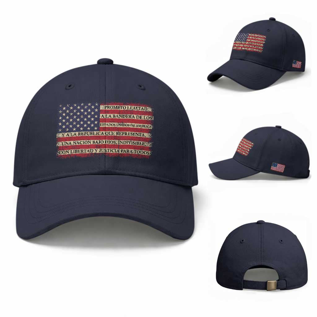 Spanish Pledge of Allegiance USA Flag Vintage Patriotic Graphic Baseball Cap American Patriot Promesa de Lealtad TS02 Baseball Cap Universal Fit Navy Print Your Wear