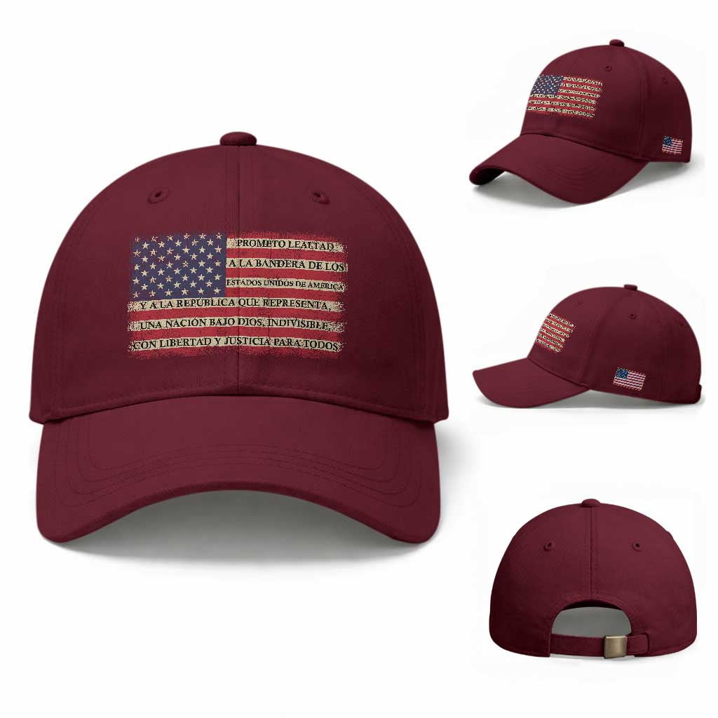 Spanish Pledge of Allegiance USA Flag Vintage Patriotic Graphic Baseball Cap American Patriot Promesa de Lealtad TS02 Baseball Cap Universal Fit Maroon Print Your Wear